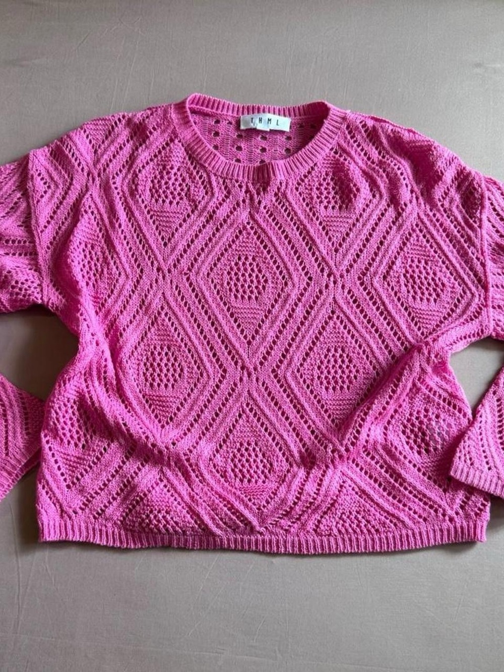Hot Pink Crochet Open-Knit Diamond Crewneck Sweater - Picture 3 of 6